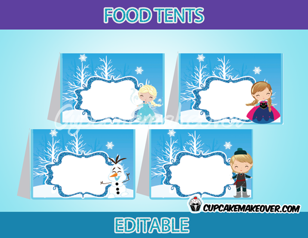 Snow Princess Food Labels Editable Tent Cards INSTANT DOWNLOAD