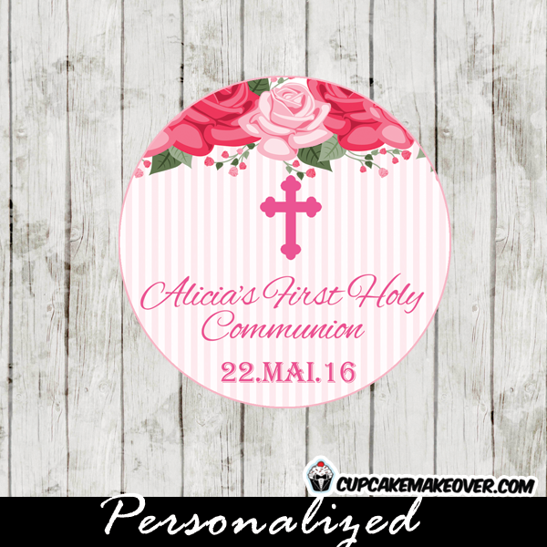 Girls Communion Decor First Holy Communion Sticker Label First Holy Communion Supplies Girls Pink Floral Holy Communion Favor Tag