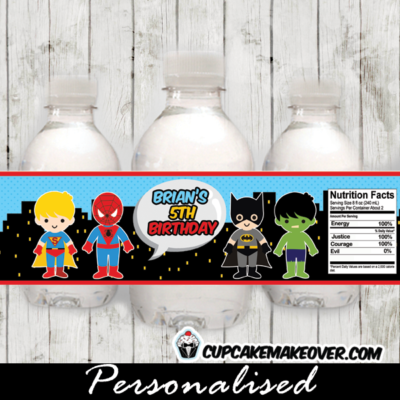 personalized birthday superhero water bottle labels