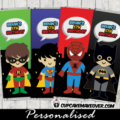 superhero kids chocolate candy bar labels party favors