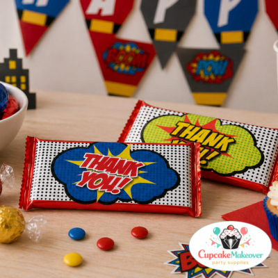 comic candy wrapper, superhero party favors, pop art candy wrapper, thank you candy wrapper, comic theme party, superhero birthday decor, candy bar wrapper printable, kids party favors, comic book theme, pop art party supplies, superhero treat wrapper, DIY candy wrapper, birthday party printables, comic style decorations, thank you favors, party favor ideas, superhero theme decor, candy wrapper template, printable party supplies, comic explosion design
