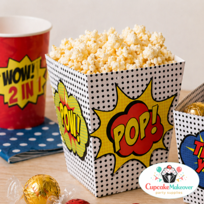comic treat box, superhero party favors, popcorn box comic, long favor box, superhero snack box, comic party supplies, pop art treat box, kids birthday favors, comic theme party decor, superhero birthday box, candy favor box, printable treat box, popcorn holder party, DIY party favors, comic explosion design, POW POP decor, superhero snack holder, birthday party printables, comic style favors, party favor box long