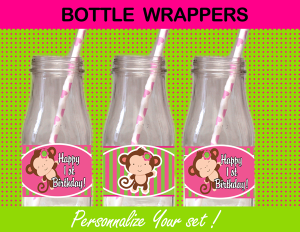 mod monkey bottle labels pink green