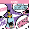 party signs pink purple super hero