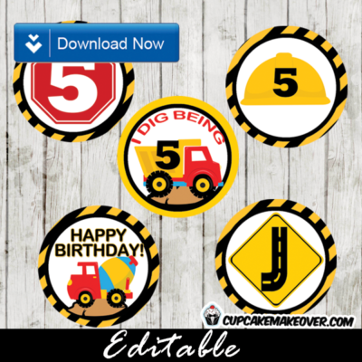 printable construction party cake cupcake toppers editable