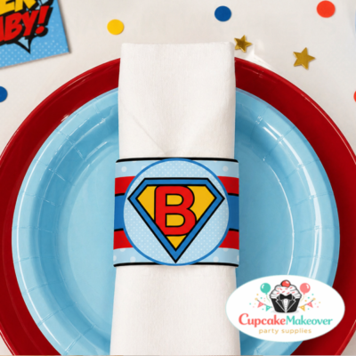 napkin wrapper printable, superhero table decor, baby shower table setting, napkin ring party decor, superhero baby shower decor, printable napkin band, party table accessories, comic theme party decor