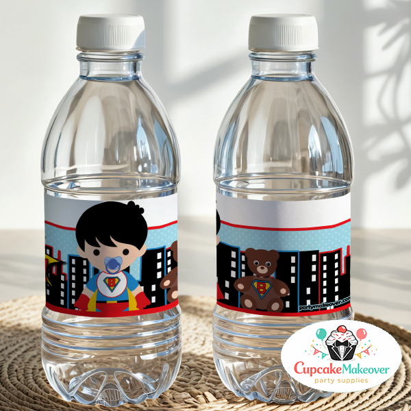 super hero baby shower bottle labels superman