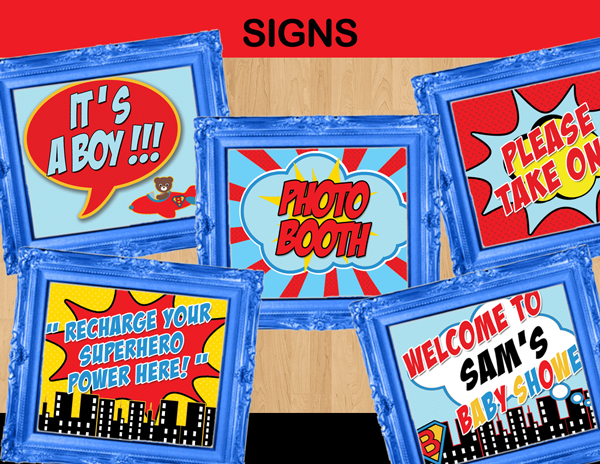super baby shower boy party signs