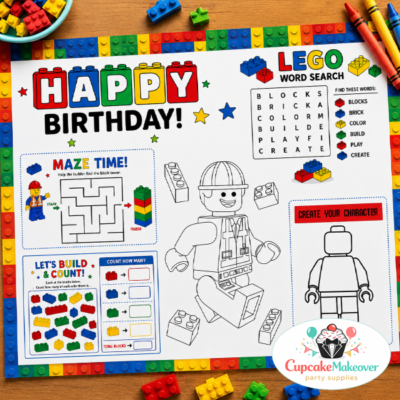 Building Block Activity Placemat, LEGO Inspired Kids Party Activity Sheet