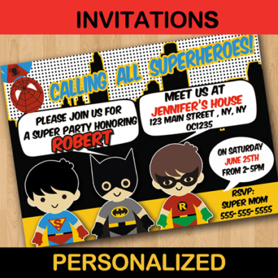 super hero boys superman batman invitation cards personalized cute unique