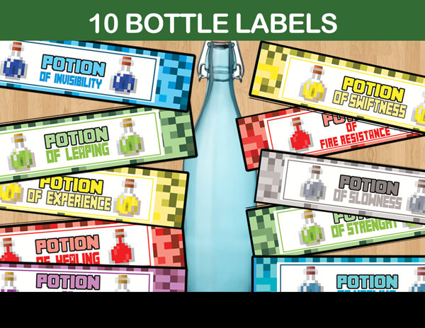 Minecraft Water Bottle Labels, Minecraft Bottle Labels, Water