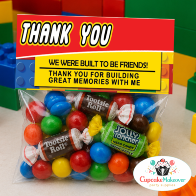 building block party, lego birthday, lego favor bag, candy bag topper, thank you bag, birthday favors, lego party favors, building bricks, kids birthday party, candy treat bag, lego candy bag, colorful party decor, birthday thank you, party favor ideas, lego theme party, printable topper, building block decor, candy favors, birthday candy bags, kids party favors