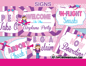 pink airplane birthday party signs girls