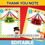 Circus Editable Thank You Cards – INSTANT DOWNLOAD - Cupcakemakeover