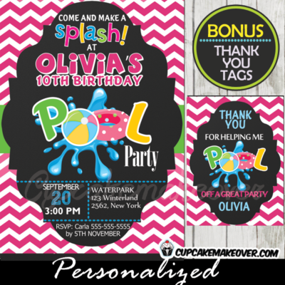 pink chevron swimming pool birthday party invitation girls printable
