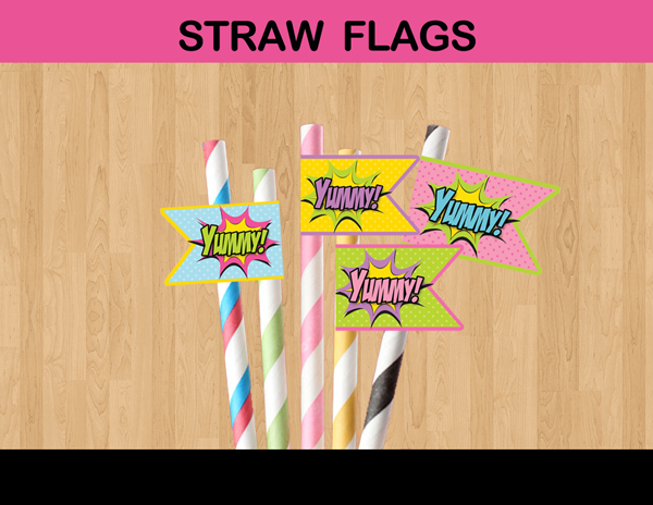 yummy comic action words straw flags