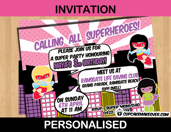 girl superhero birthday invitation card