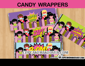girl super hero comic book candy bar labels