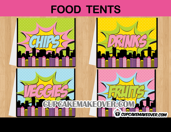 editable comic party superhero girl food labels