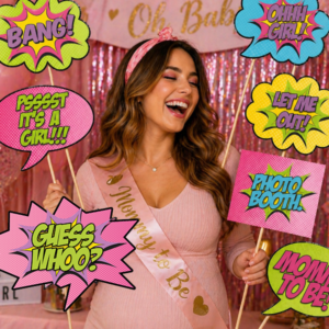 comic girl baby shower photo props, girl power party props, superhero girl party, baby shower girl props, comic party accessories, printable photo booth props, pink superhero theme, party mask printable, power cuff printable, girl birthday decor