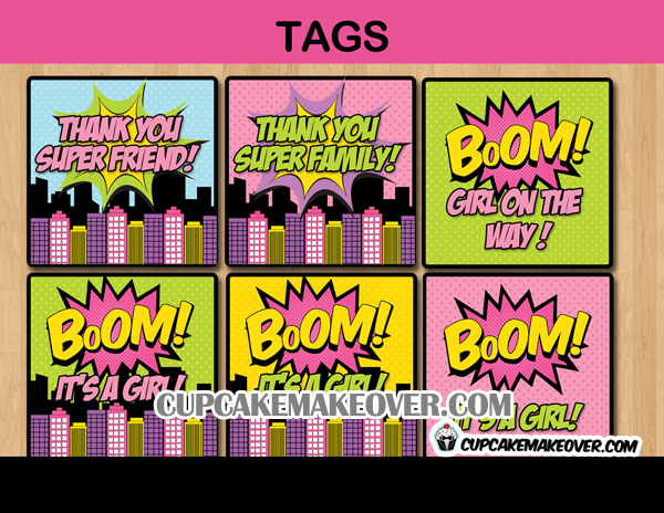 pink comic baby shower favor tags girls