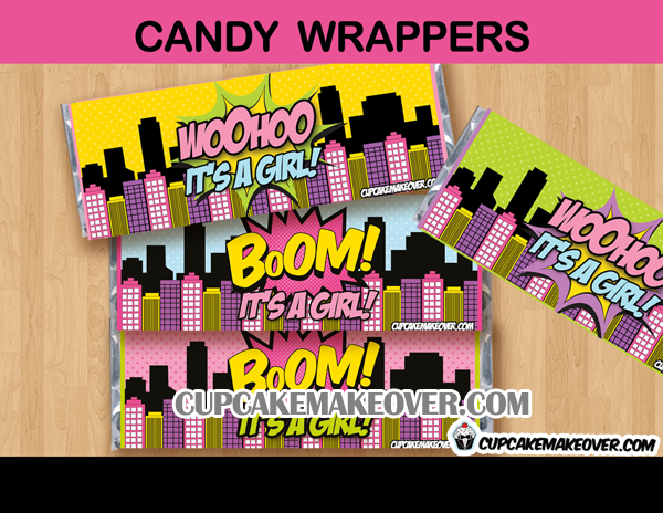 baby shower comic super girl candy bar labels