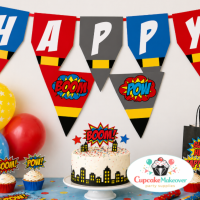 superhero birthday banner, printable party banner, comic style party decor, kids birthday decorations, superhero theme party supplies, happy birthday banner printable