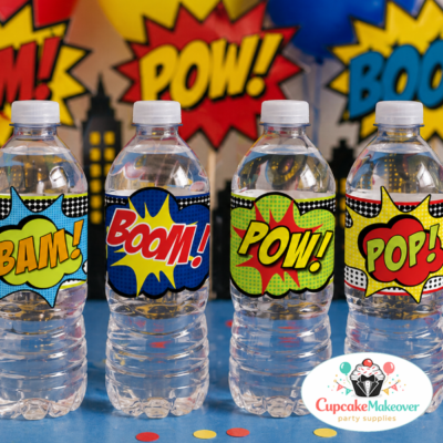 comic water bottle labels, superhero drink labels, bottle wrapper printable, BAM BOOM POW POP, comic party decorations, superhero birthday decor, kids party drink labels, water bottle wraps, comic theme party supplies, pop art party decor, printable bottle labels, superhero favors, birthday party printables, drink table decor, comic style wrappers, party bottle labels, DIY party supplies, superhero theme decor, kids birthday party ideas, comic explosion design