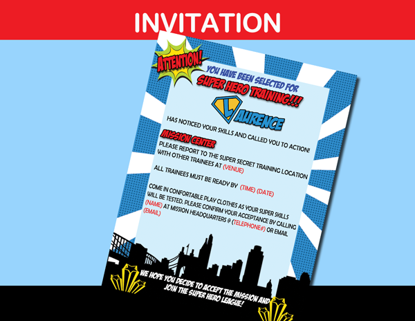 boys superhero camp training party invitation card
