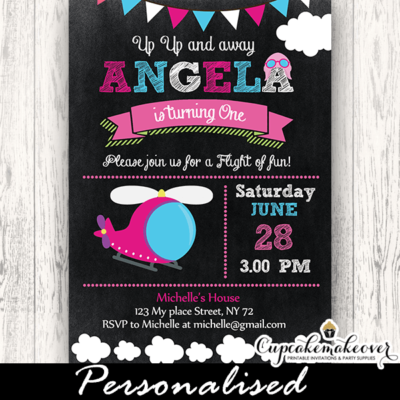 pink helicopter birthday party invitations girl little pilot
