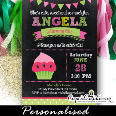 cupcake girl watermelon birthday invitations green pink bunting flags cute 1 2 3 year old