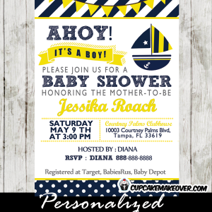 printable yellow blue sailboat nautical baby shower invitation