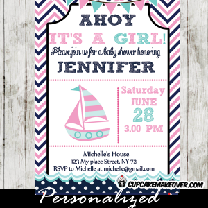 pink navy sailboat nautical baby shower invitation