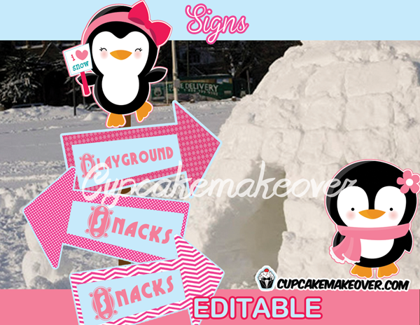 pink penguin party signs Arrows Winter wonderland