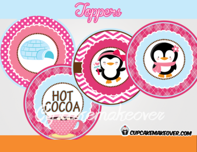 Pink Penguin Cupcake Toppers - INSTANT DOWNLOAD - Cupcakemakeover