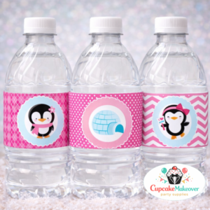 pink penguin bottle labels Winter Wonderland party ideas