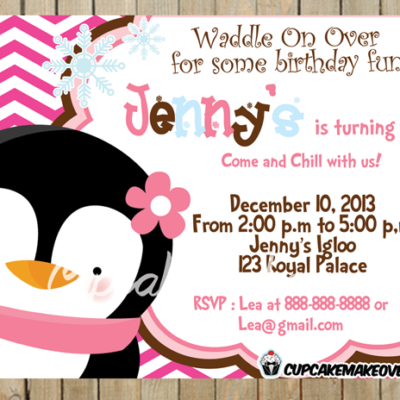 pink penguin party invitation printable