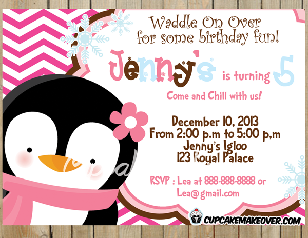 Penguin Party Invitation Pink Chevron Personalized Cupcakemakeover