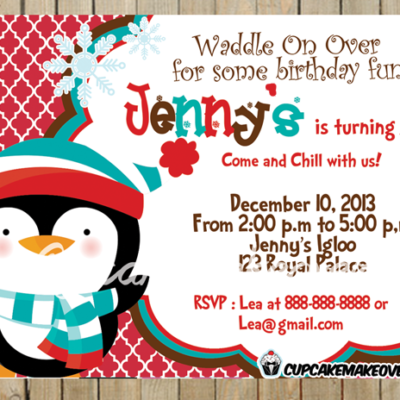 girl red winter birthday penguin invite