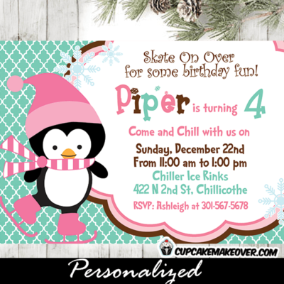 printable Christmas ice skating pink penguin birthday party invite winter ideas
