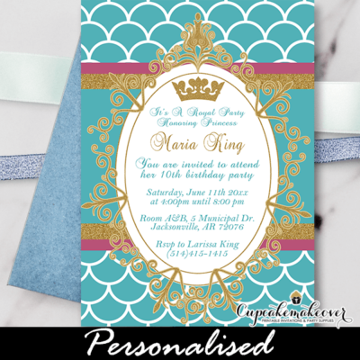 gold glitter blue turquoise princess crown birthday invitation