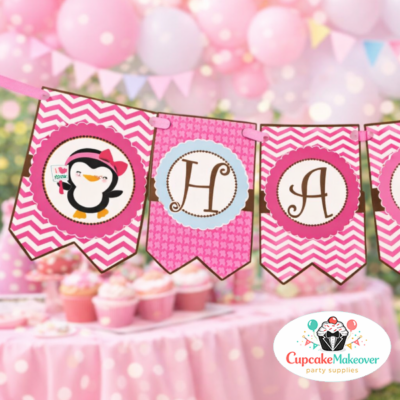 Winter Wonderland pink penguin Pennant banner