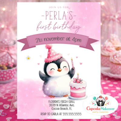Birthday Winter Pink Penguin Invitation