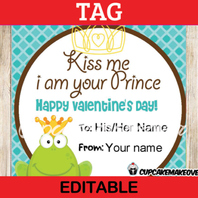 editable printable kiss me frog prince valentine tags
