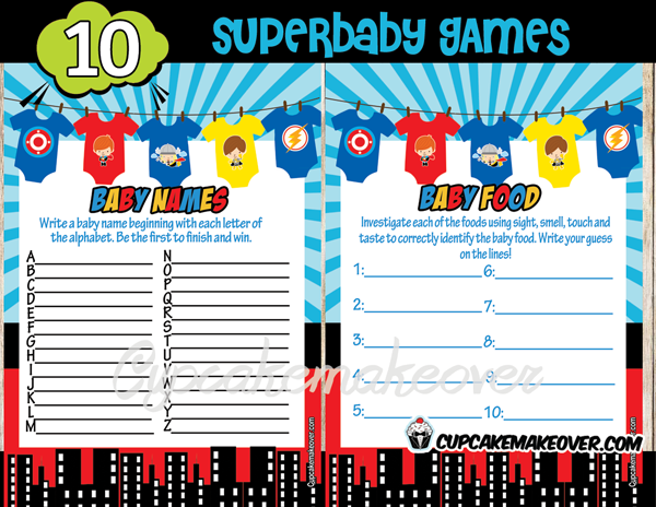 super hero onesies baby shower theme games