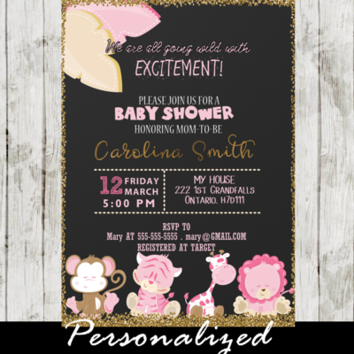 pink jungle animals girl baby shower invitation