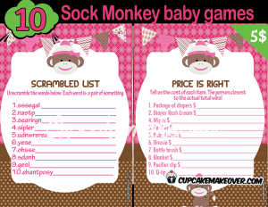 printable girl sock monkey themed baby shower games