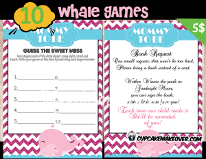 printable girl whale pink themed baby shower games