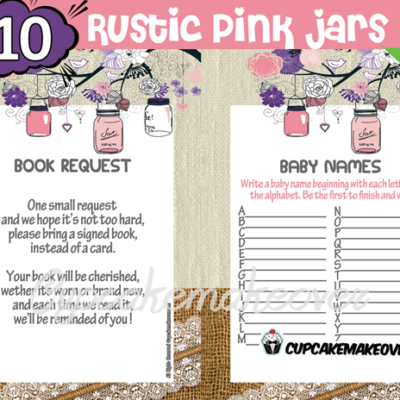 printable rustic pink mason jar themed baby shower games