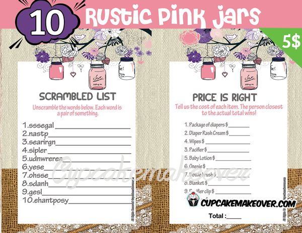 printable rustic pink mason jar themed girl baby shower games